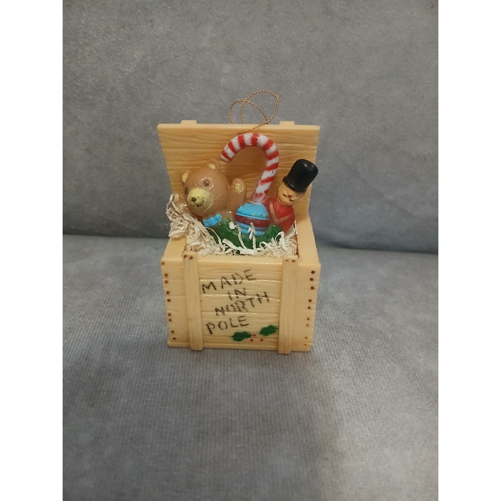 Vintage Made In North Pole Toy Crate Christmas Ornament Bear Nutcracker Cane